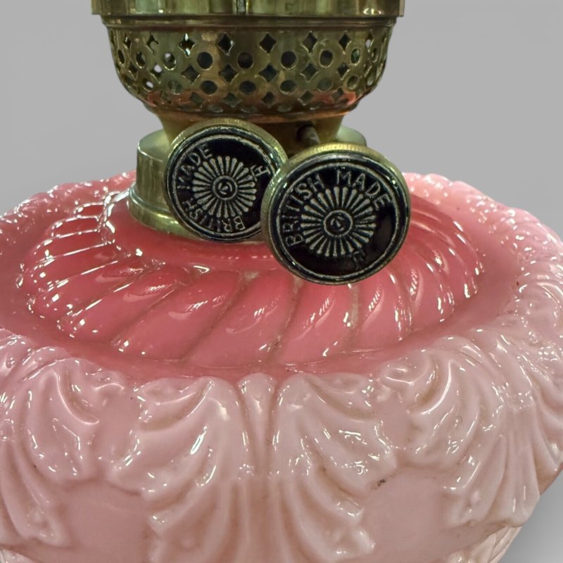 Antique Victorian Cranberry Etched Glass Oil Lamp With Brass Column - Image 6